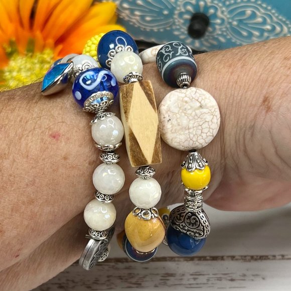 Bohemian Bracelet Stack Gemstone Crystal Handmade Blown Glass Bead Howlite New! - Picture 8 of 11